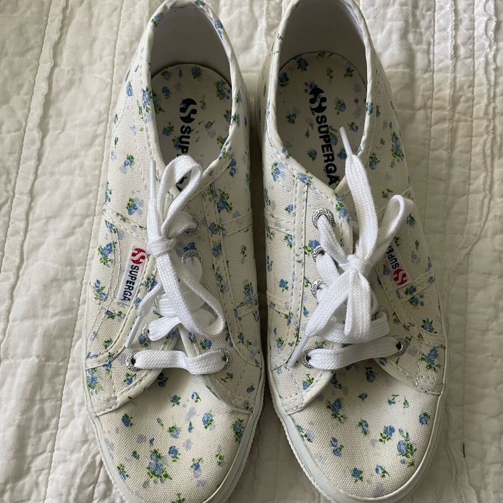 Superga Floral Canvas Sneakers in White and Blue